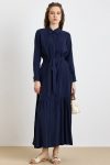 Lace-Trimmed Ribbed Detail Flared Skirt Soft Fabric Dress NAVY BLUE 9441-E