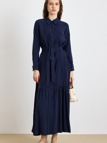 Lace-Trimmed Ribbed Detail Flared Skirt Soft Fabric Dress NAVY BLUE 9441-E