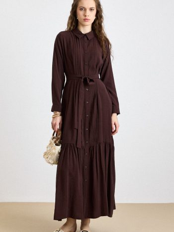 Coffee 9441-E Ribbed Detail Flared Skirt Soft Fabric Dress