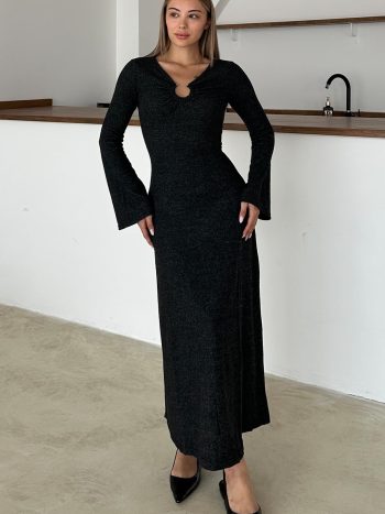 فستان أنثراسايت محبوك مع إكسسوارات أمامية ANTRASİT 9367-E