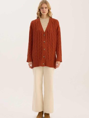 Knitted Patterned Cardigan Terracotta