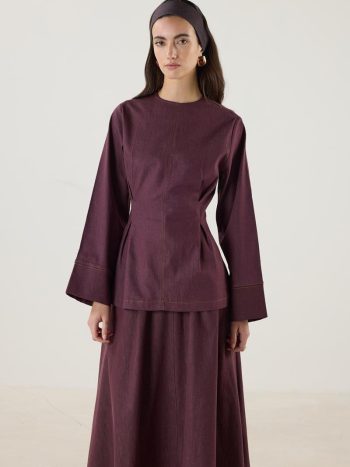 Pile Detaylı Kot Bluz Bordo