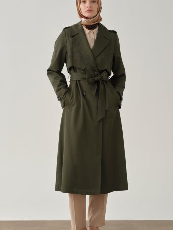 Embroidered Detail Trench Coat - Khaki