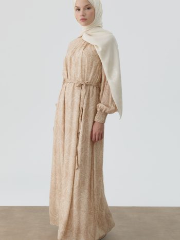 Belted Dress with Shawl Pattern - Beige