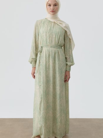 Belted Dress with Shawl Pattern - Mint