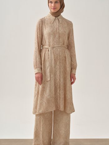 Shawl Patterned Belted Tunic - Beige