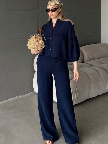 Casual Short Shirt Duo Muslin Set NAVY BLUE 9355-TK