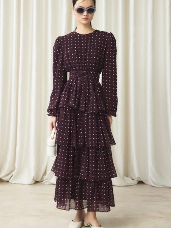 Burgundy Chiffon Polka Dot Tiered Dress