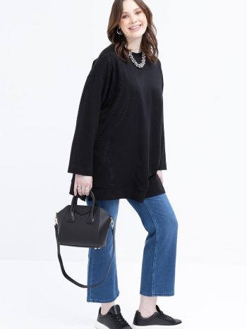 Black-Embroidered Bicycle Neckline Lycra Plus Size Tunic