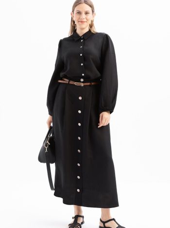 Black-Pleated Belted Flare Skirt