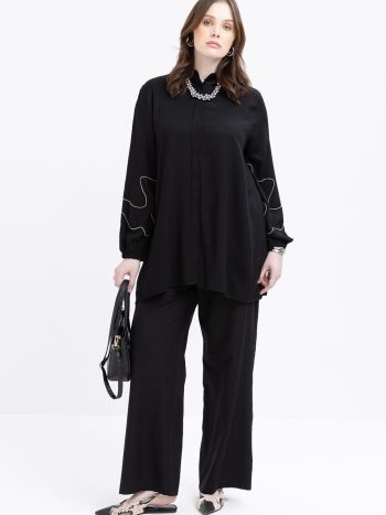 Black Chain Embroidered Elastic Sleeve Shirt Tunic