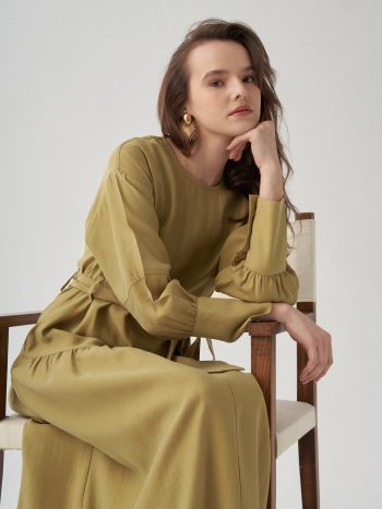 Soft Yeşil-Büzgü Detaylı Elbise