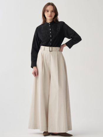 Stone-Belted Pleated Wide-Leg Pants