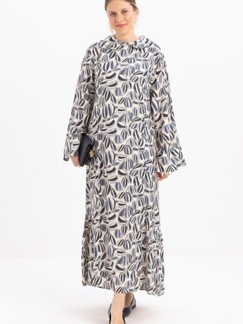 Stone-Blue-Pleated Belted Print Plus Size Dress