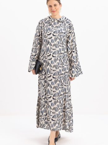 Taş-Mavi-Robalı Kuşaklı Emprime Büyük Beden Elbise