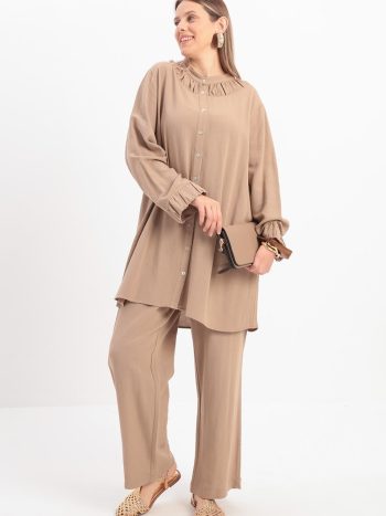 Plus Size Linen Trousers Suit with Mink-Gather Detail