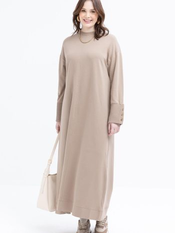 Mink-Cuff Thick Ribbed Button Detail Dress