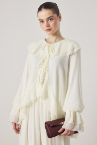 Yaka ve Kol Volanlı Şifon Takım - Krem - Görsel 2