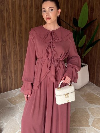 Chiffon Set with Ruffled Neckline and Sleeves - Pink