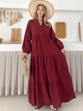 BAT WING SLEEVE BUTTON-DETAILED MUSLIN LOOSE DRESS BORDO 9330-E