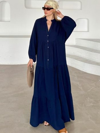Batwing Sleeve Button Detail Muslin Relaxed Dress NAVY 9330-E