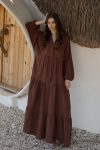 Batwing Sleeve Button Detail Muslin Loose Dress COFFEE 9330-E