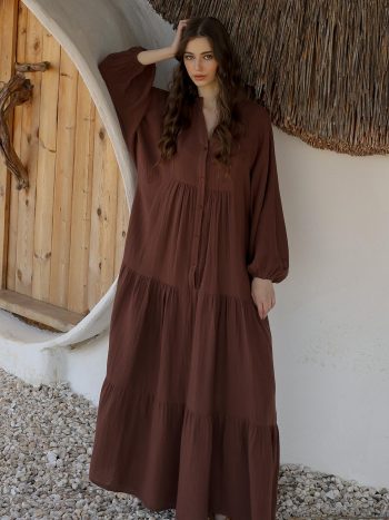 Batwing Sleeve Button Detail Muslin Loose Dress COFFEE 9330-E
