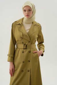 Yırtmaçlı Kruvaze Pardesü - Olive