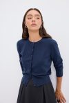 Navy Blue Buttoned Round Neck Knit Cardigan